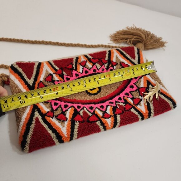 Wayuu Third Eye Clutch Bag Purse Tassels Deep Red Beige Handmade Colombia - Picture 12 of 13